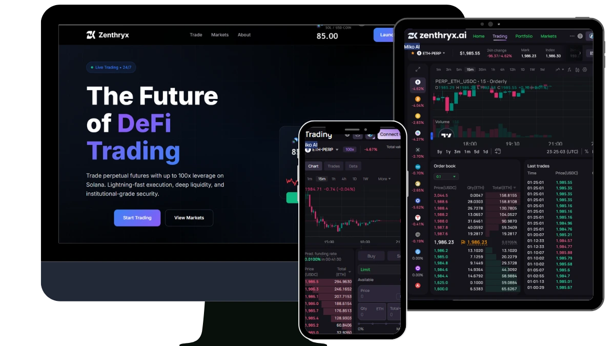 Zenthryx DEX — perpetual futures trading interface with order book and live chart, across desktop and mobile