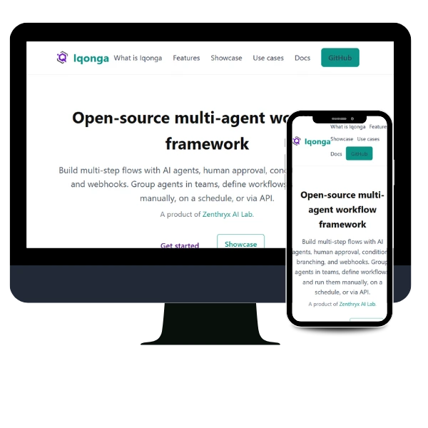 Iqonga — open-source multi-agent workflow framework, shown on desktop and mobile